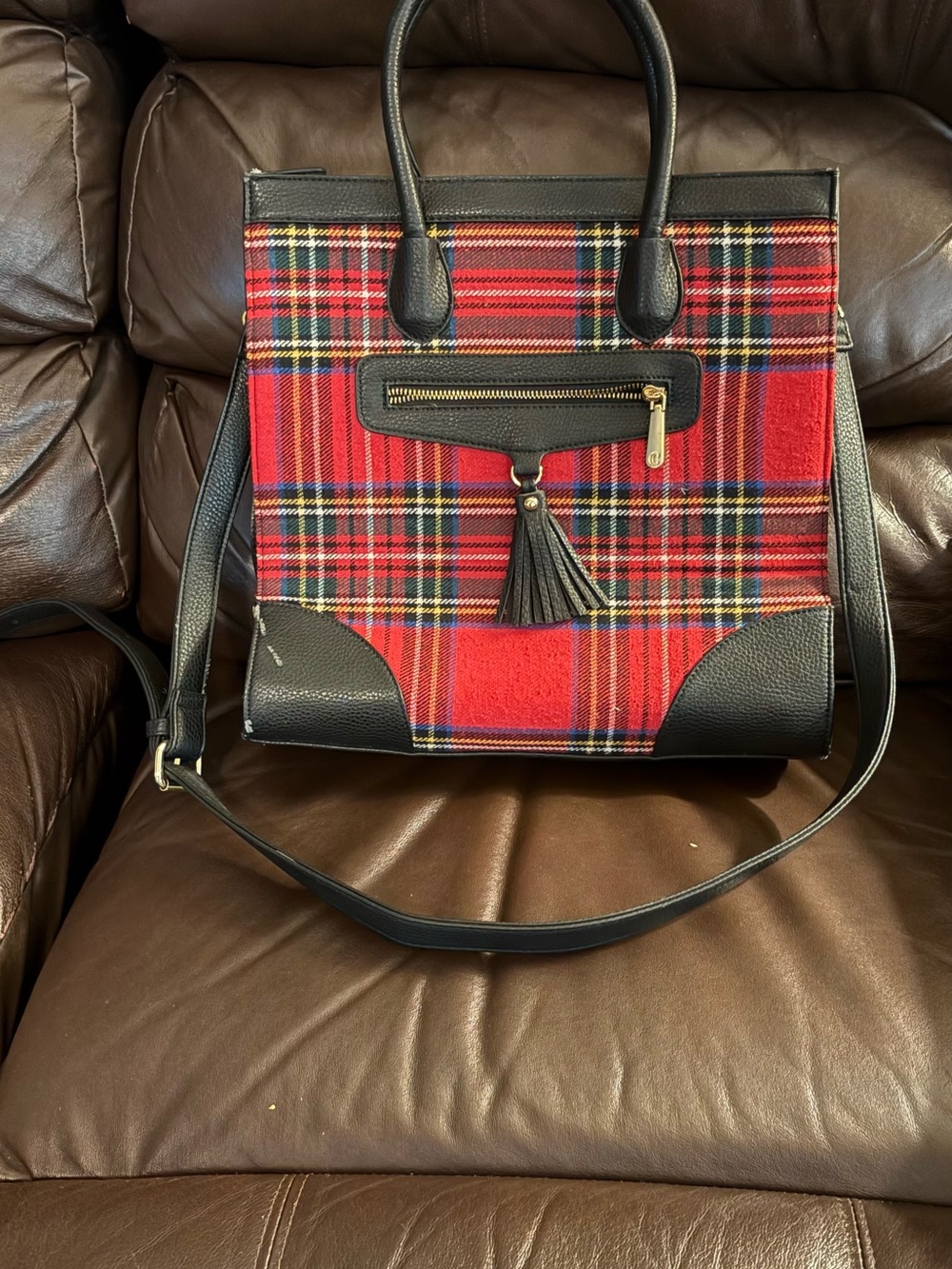 Red Tartan Plaid Tote Bag with Black Trim and Tassel